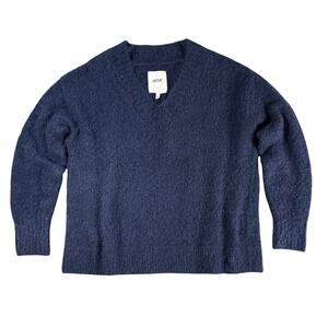 Aerie Navy Blue Teddy Boucle Oversized V-Neck Longline Sweater Size Medium Wool